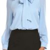 ACEVOG Women Bow Tie Neck Chiffon Blouses Sheer Long Sleeve Patchwork Casual Button Shirts
