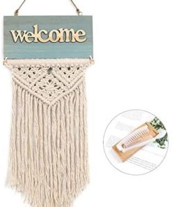 Alynsehom Macrame Wall Hanging Welcome Tapestry Handmade Wood Welcome Sign for Front Door Woven Fringe Wall Pediments Boho Chic Party Decors Bohemian Wedding Backdrop 16.5" x 7.5"