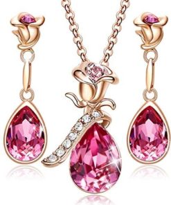 CDE Rose Flower Jewelry Sets for Women Mother's Day Jewelry Gifts 18K Rose Gold/White Gold Plated Necklace Earrings Set Embellished with Crystals from Swarovski Necklace for Mom