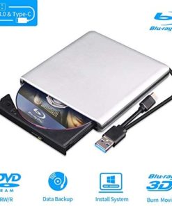 External Blu Ray DVD Drive 3D, USB 3.0 and Type-C Bluray CD DVD Reader Slim Optical Portable Blu-ray Drive for MacBook OS Windows xp/7/8/10, Linux, Laptop PC (Silver-Grey)
