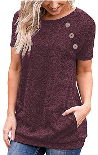 KESEELY Summer Short Sleeve Blouse - Women Casual Trim Solid Color O Neck with Buttons Tops Pockets Loose Fit Tunic Shirt