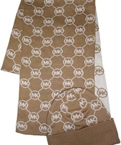Michael Kors Women's Logo Knit Scarf & Beanie Hat Set, Camel /Cream, One Size