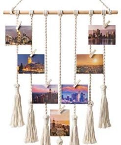 Mkono Hanging Photo Display Macrame Wall Hanging Pictures Organizer Boho Home Decor, with 25 Wood Clips