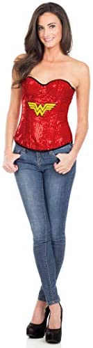 Secret Wishes DC Comics Justice League Superhero Style Adult Corset Top with Logo Sequined Wonder Woman, Red, Large