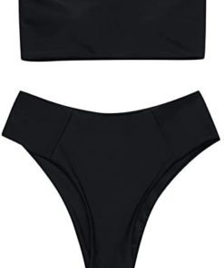 ZAFUL Women's High Cut Bandeau Bikini Set Strapless Solid Color 2 Pieces Bathing Suit Swimsuit